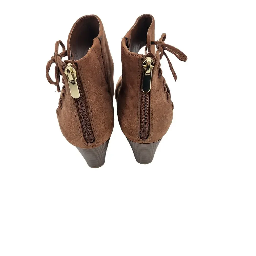 Torrid Brown Open Toe Lace Up Bow Mini Wedge Back Zipper Sandals Size 9 Wide